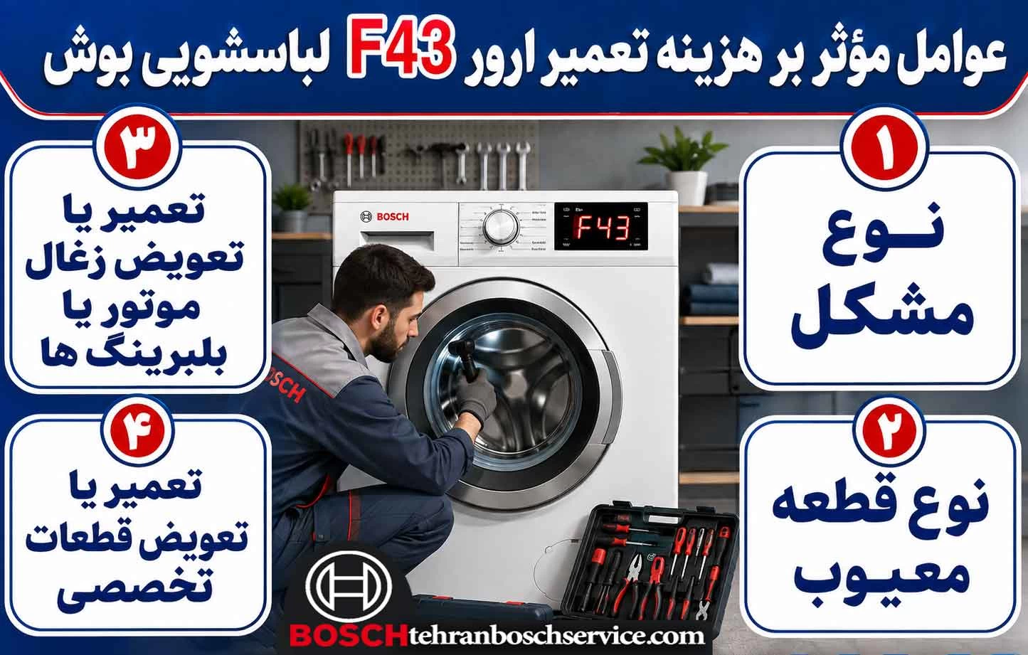 هزینه تعمیر ارور F43 ماشین لباسشویی bosch