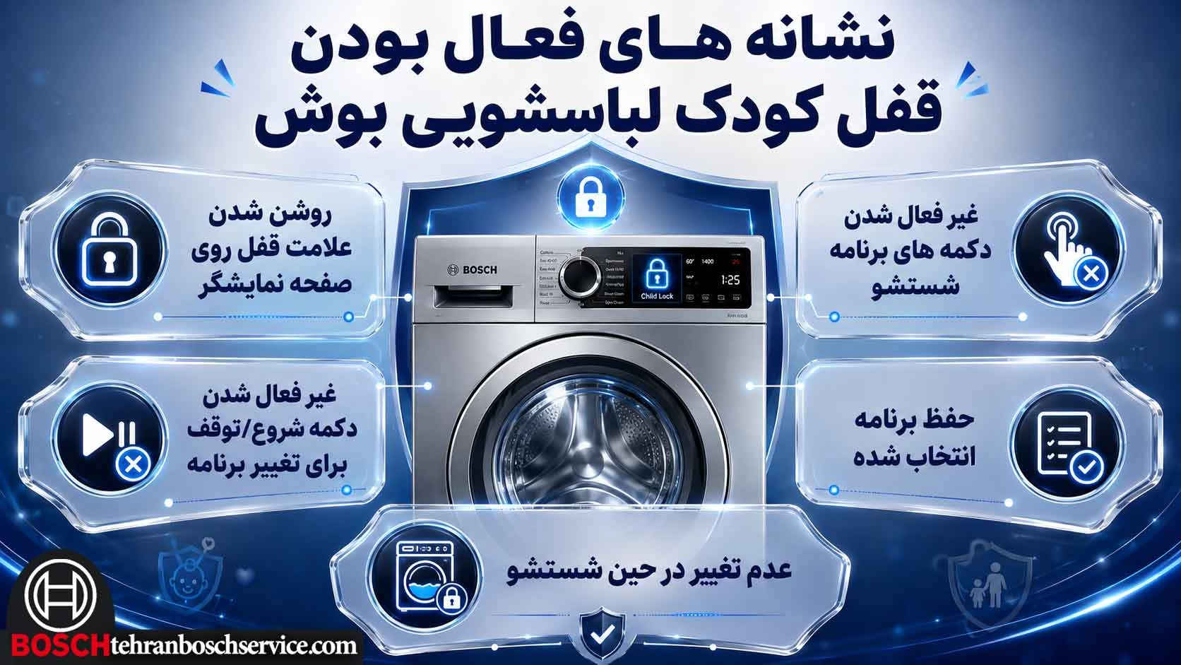 نشانه های فعال بودن قفل کودک لباسشویی BOSCH